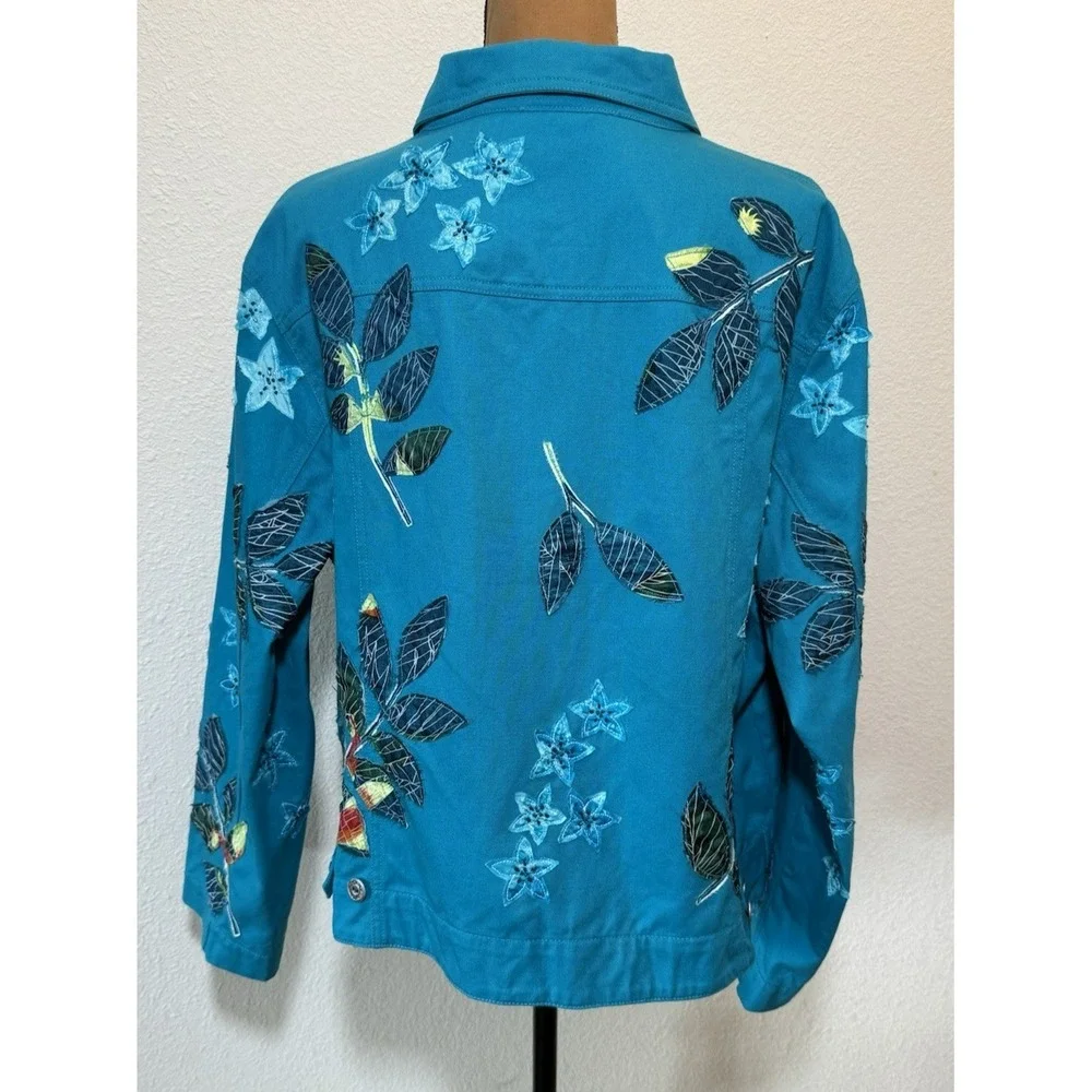 Chicos Teal Tropical/Leaf/Parrot Applique/Beaded Denim Jacket Sz 3 (XL-16) Artsy
